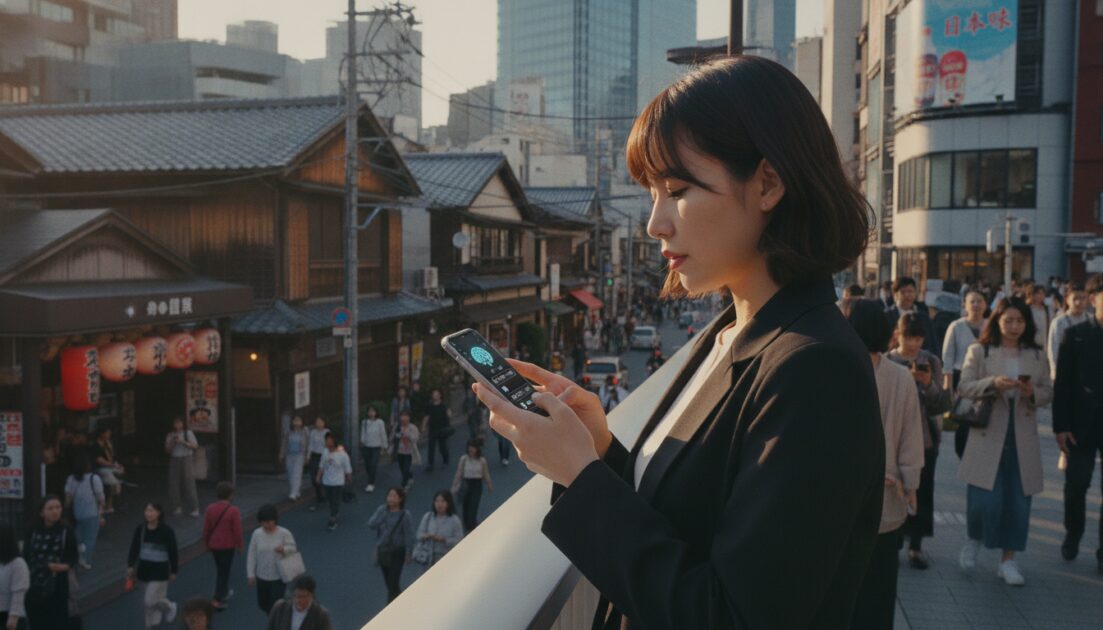 スマートフォンでAI検索を利用する若い日本人女性