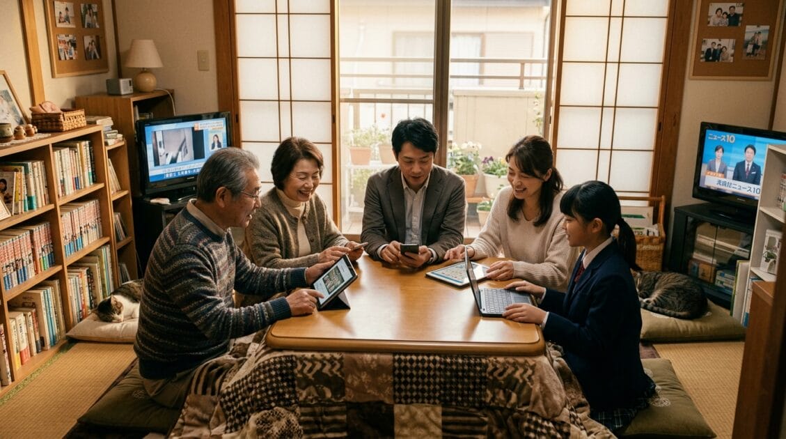 リビングルームで技術について話し合う日本の家族