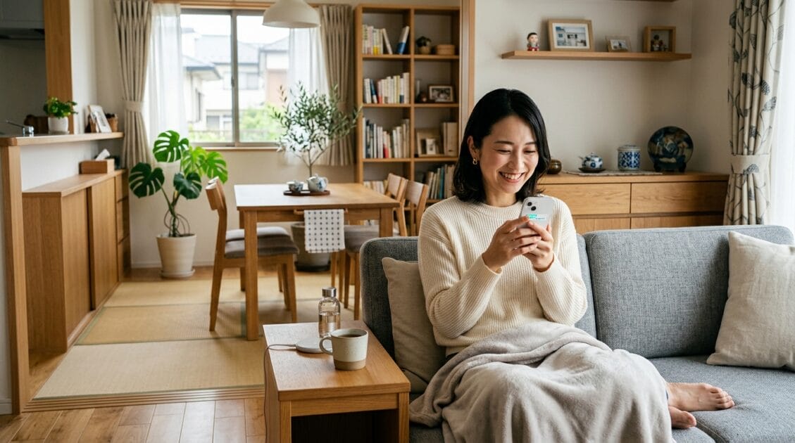 スマートフォンを使って微笑む日本人女性