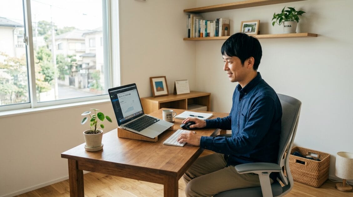 ミニマリストなホームオフィスでノートパソコンを使う日本人男性