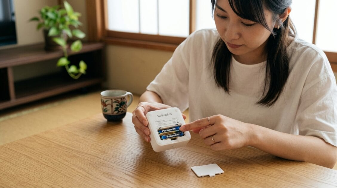 SwitchBotハブの電池を交換する手元のクローズアップ