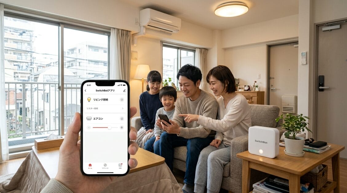 スマートフォンでスマートホームを操作する日本の家族