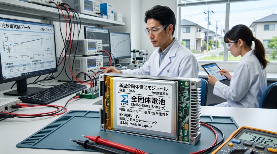 日本語ラベルが付いた全固体電池のクローズアップ