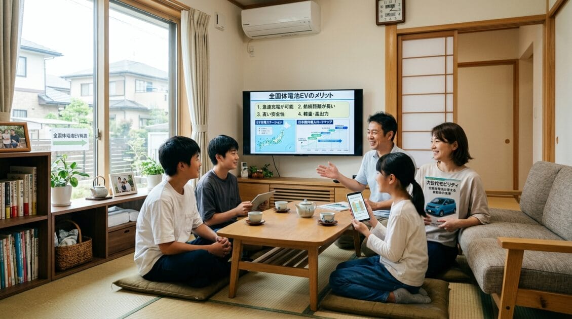 全固体電池車の利点について話し合う日本の家族