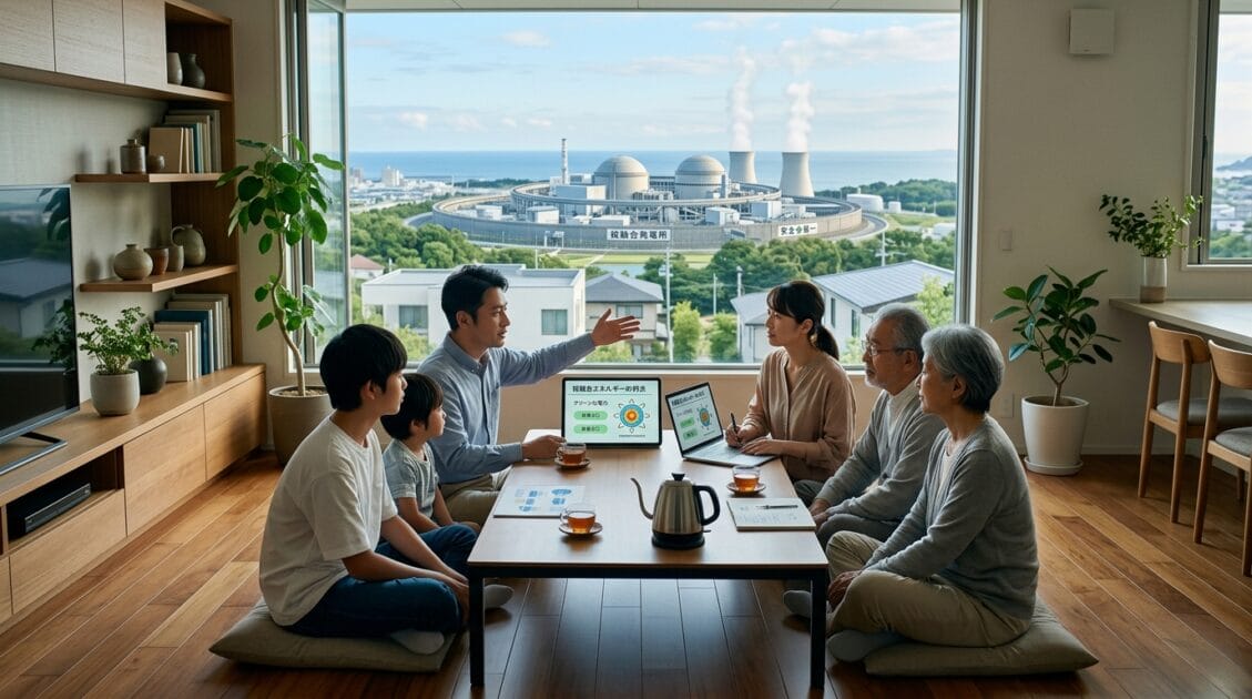 核融合エネルギーの利点を話し合う日本の家庭