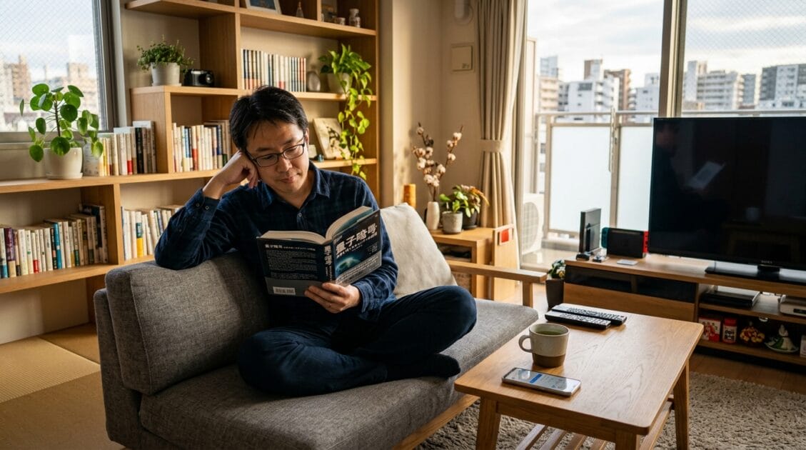 量子暗号通信の本を読む日本人男性