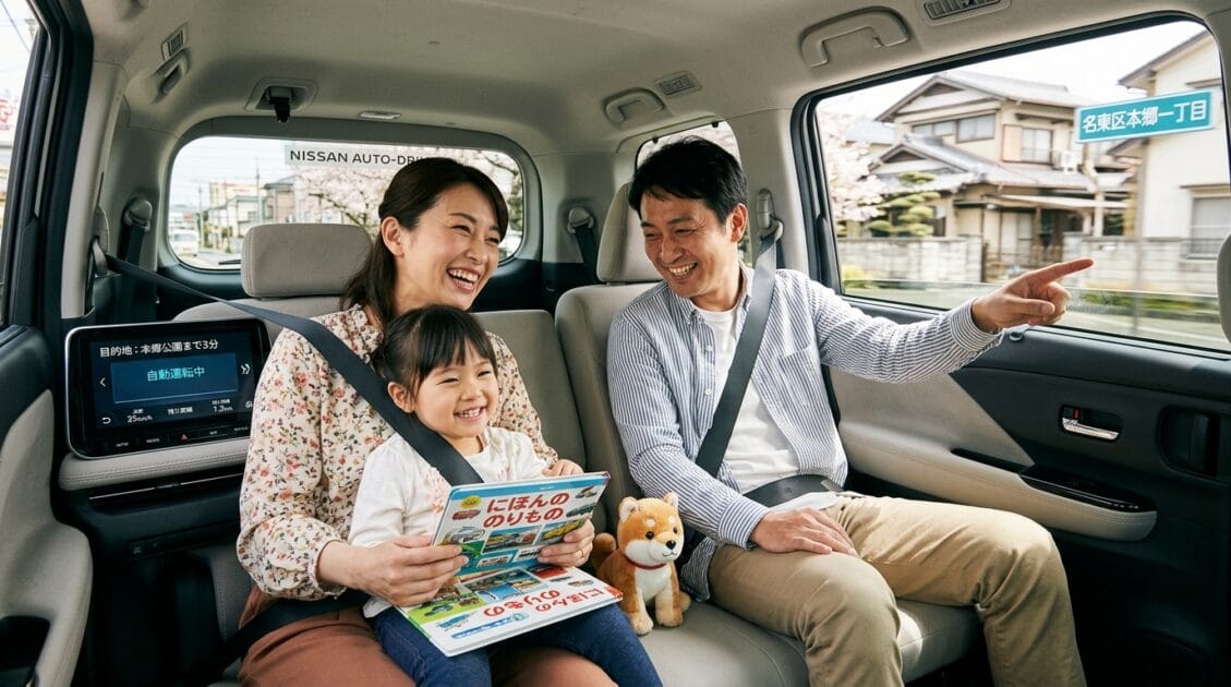 自動運転車を利用する日本の家族のクローズアップ
