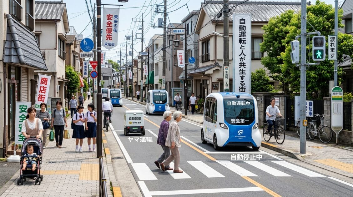 自動運転車と歩行者が安全に共存する日本の街並み