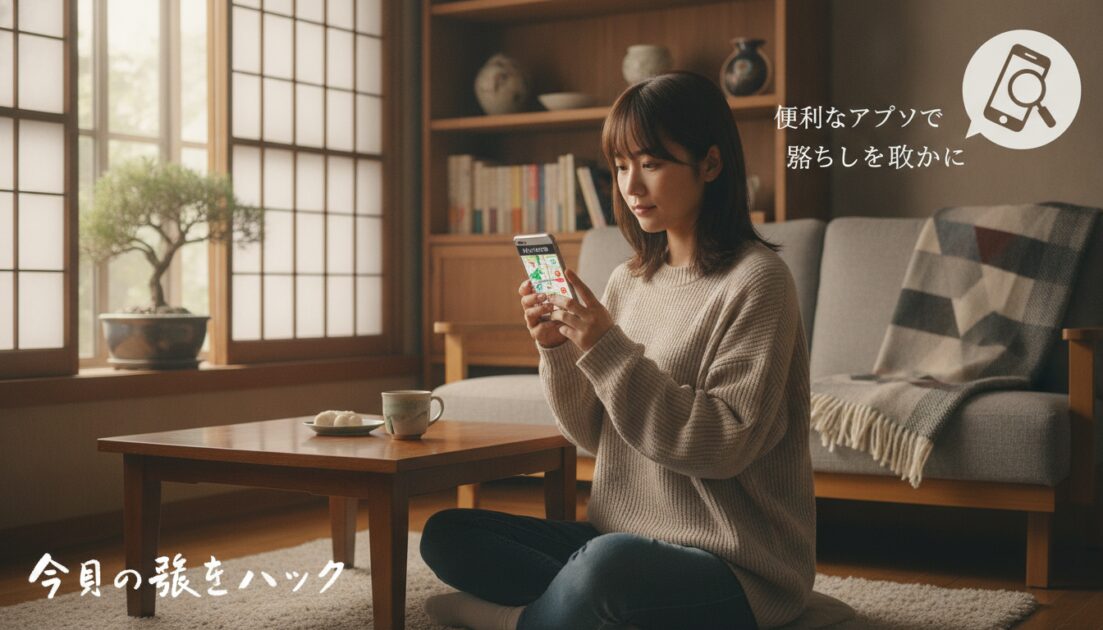リビングでスマートフォンアプリを使う日本人女性