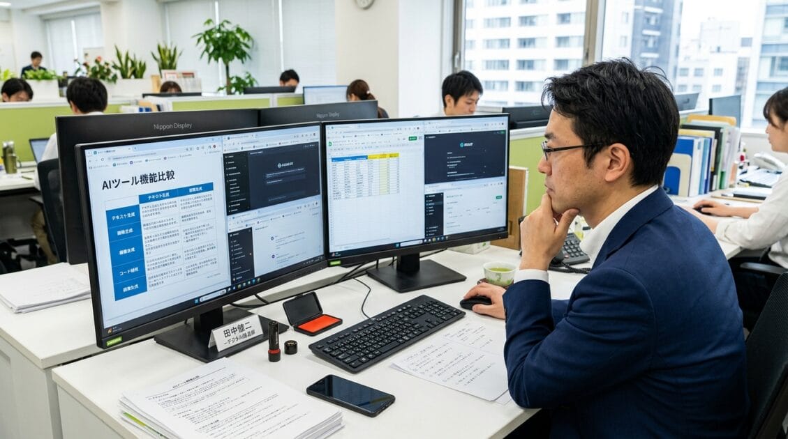 オフィスでAIツールを比較する日本人男性