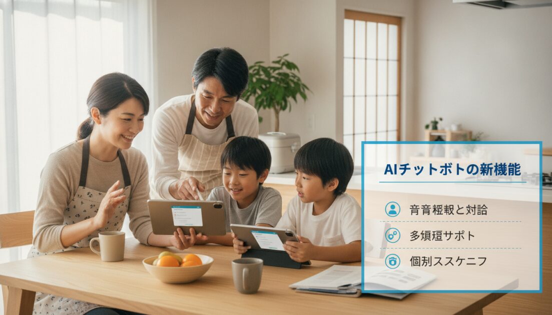 AIチャットボットの機能を話し合う日本の家族