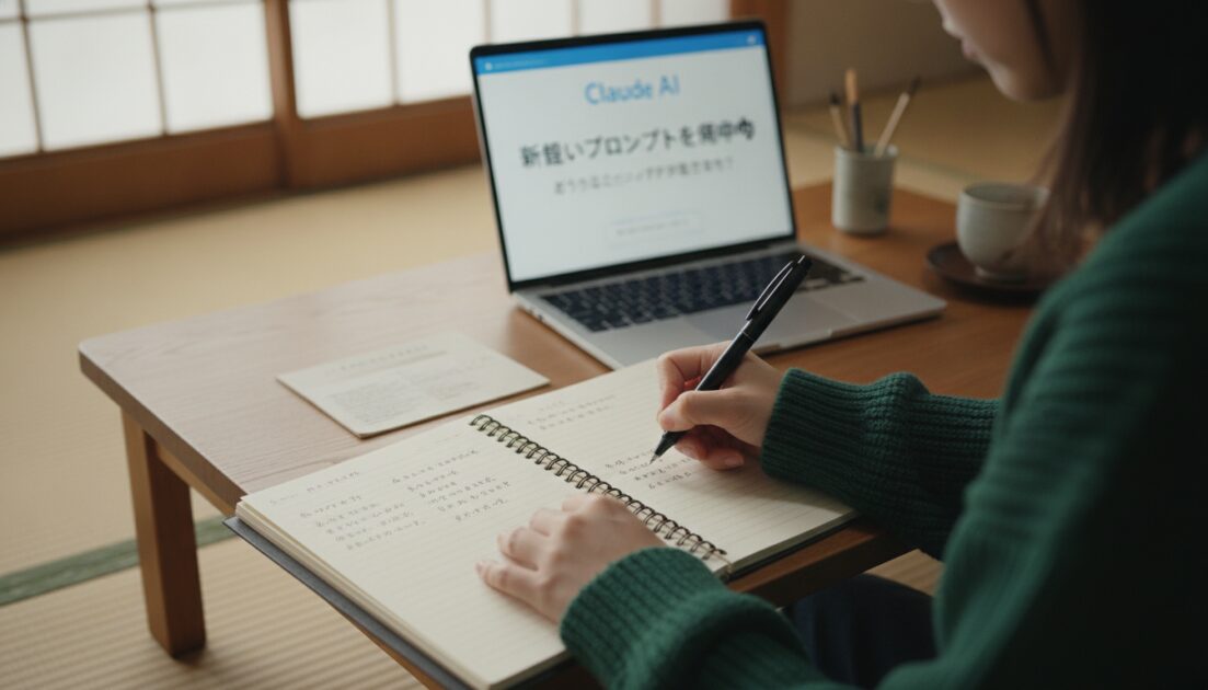 ノートにプロンプトを書いている人とClaude AIの画面