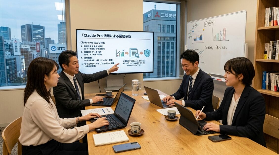 Claude Proの機能について議論する日本のビジネスミーティング
