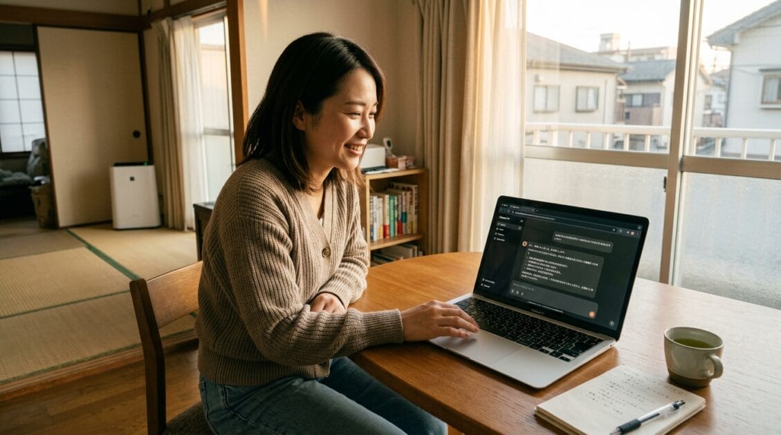自宅でClaude Proを使用する日本人女性