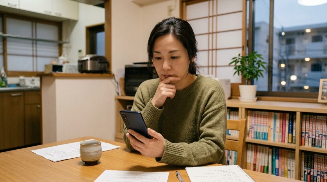 デバイスを見て考え込む日本人女性