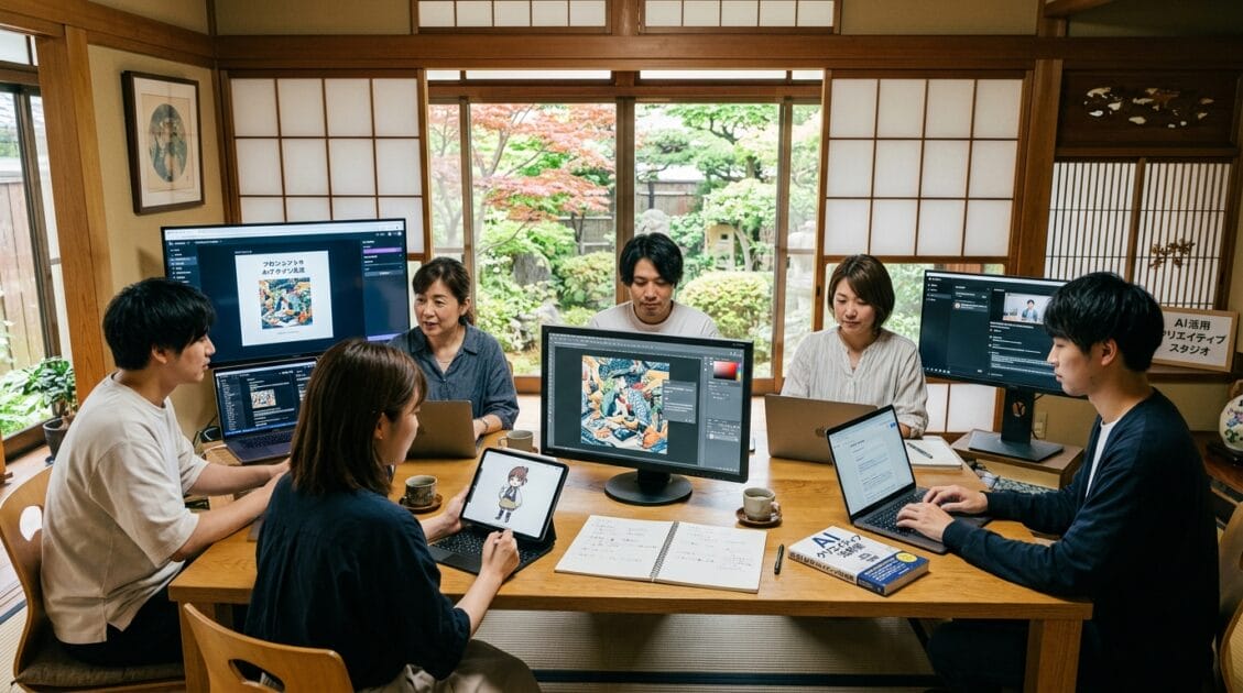 商用プロジェクトにAIツールを使用している日本のクリエイティブな作業スペース