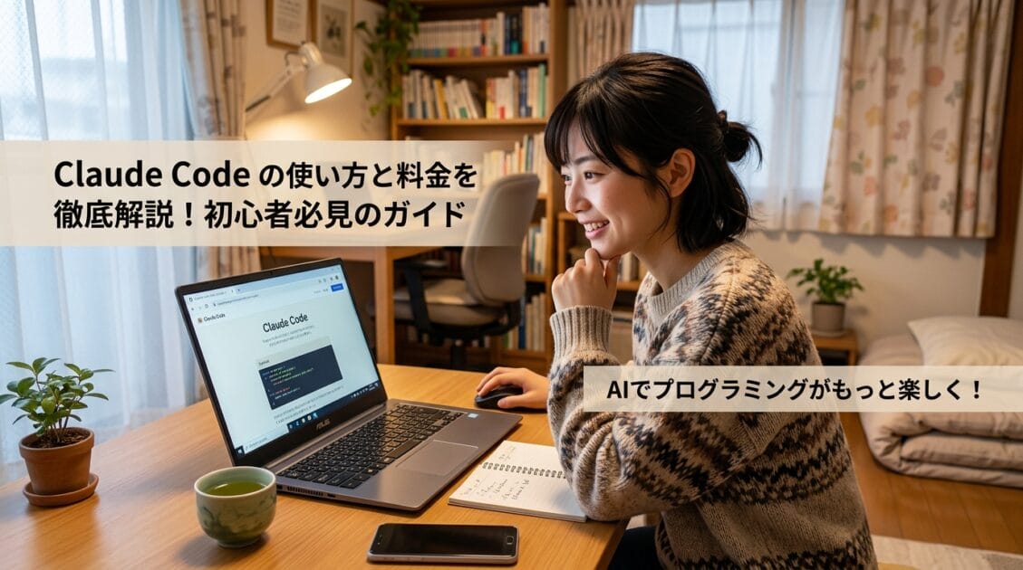 日本人が自宅でパソコンを使い、Claude Codeについて学んでいる様子