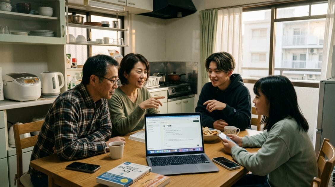 日本の家族がキッチンテーブルで技術について話し合い、Claude Codeを表示したラップトップを見ている