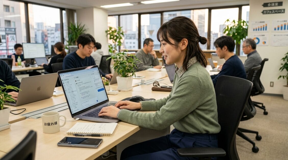 日本人女性がオフィスでClaude Codeのインターフェースを見ている