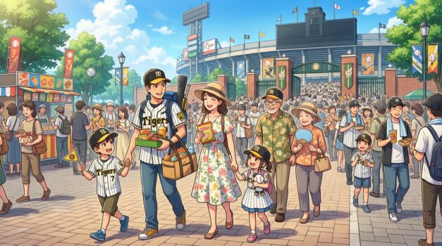 親子で高校野球観戦を楽しむ夏の球場風景