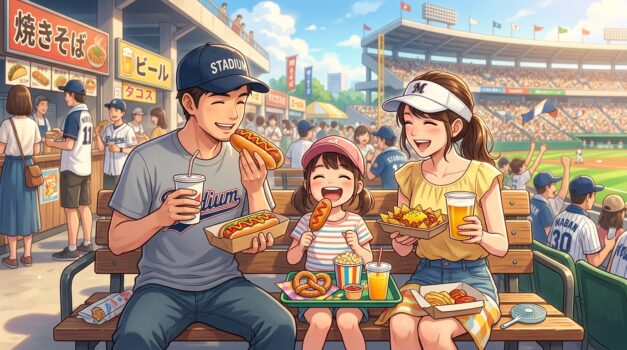球場で食事や応援を楽しむ家族のイラスト