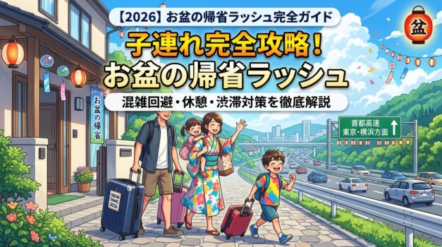 お盆の帰省ラッシュをイメージした家族の出発風景