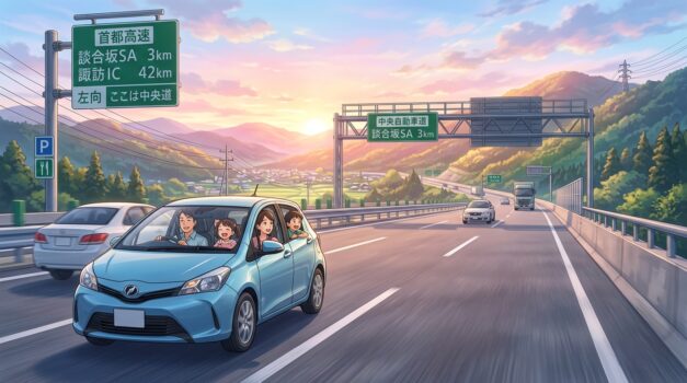 早朝の高速道路を走る家族の車のイラスト