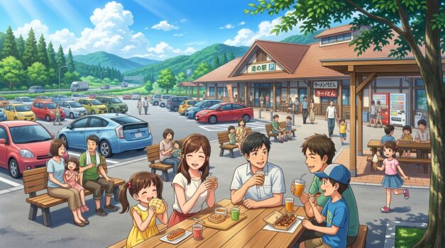サービスエリアで休憩する家族の夏の風景