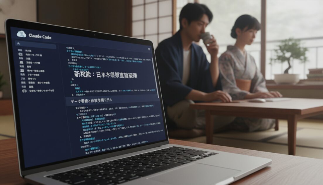 日本の家庭でClaude Codeインターフェースを表示しているノートパソコンの画面