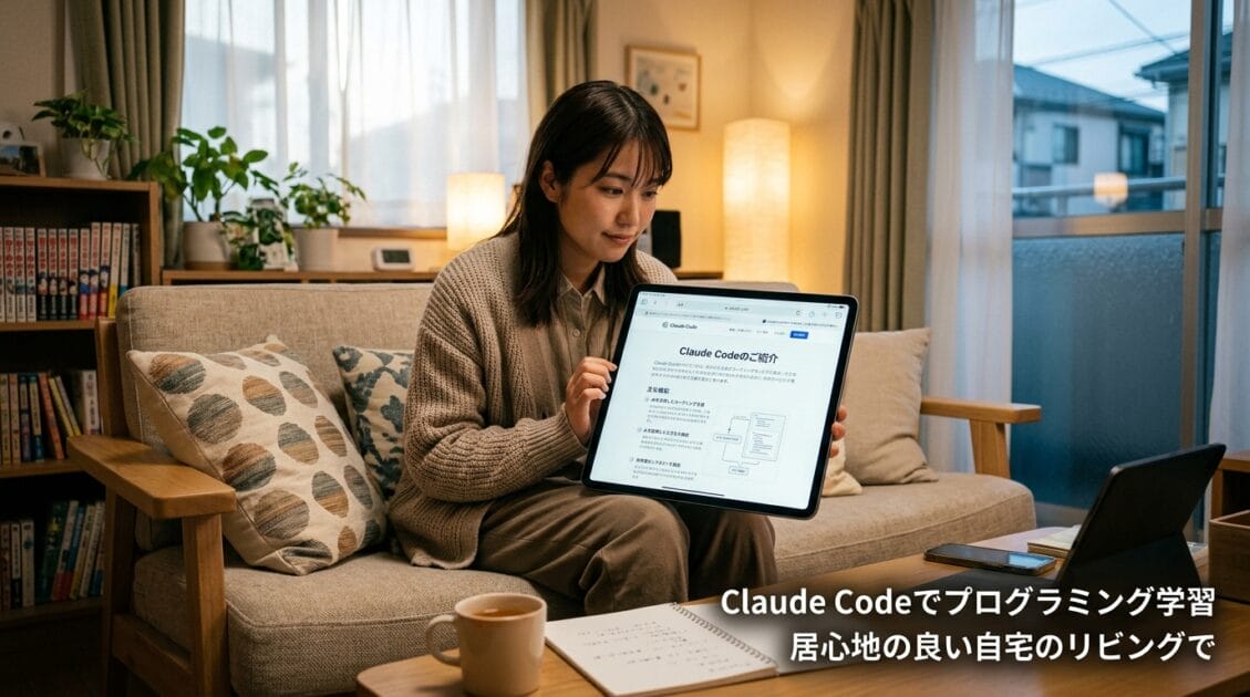 居心地の良いリビングルームでClaude Codeについて学ぶ日本人女性