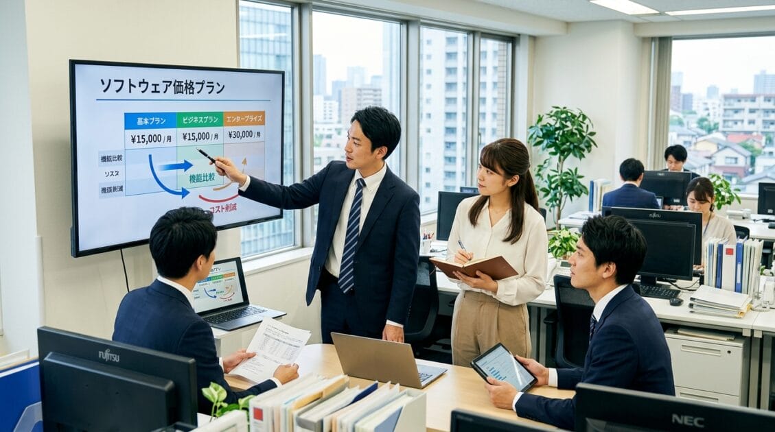 日本のオフィスでソフトウェアの料金について話し合う人々