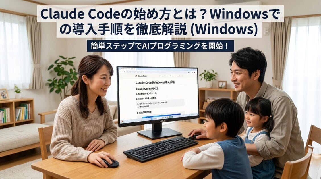 日本の家庭でコンピュータを使用し、Claude Codeのセットアップ手順を表示している画面。