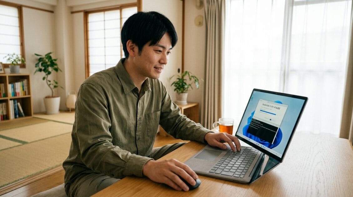 日本人男性がWindowsラップトップでClaude Codeをセットアップしている様子。