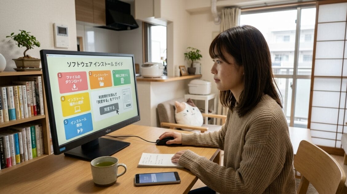 ソフトウェアのインストール手順が表示されたコンピュータ画面