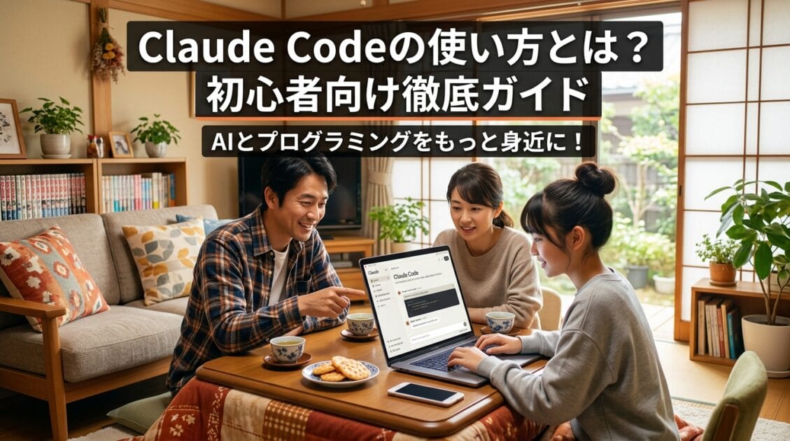 日本の家庭でコンピュータを使っている様子、Claude Codeのインターフェースが画面に表示されています。