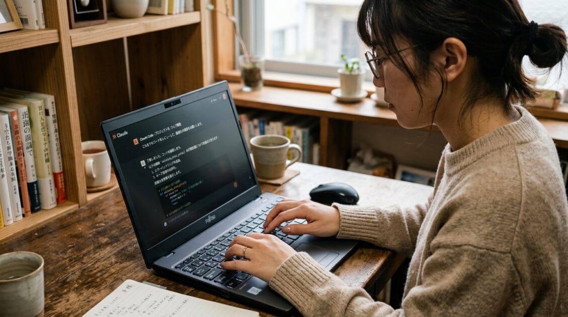 ラップトップでClaude Codeを操作している日本人の手元のクローズアップ。