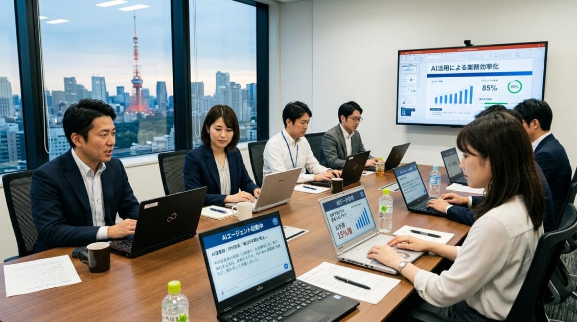 日本のビジネス会議でAIエージェントを使うプロフェッショナルたち