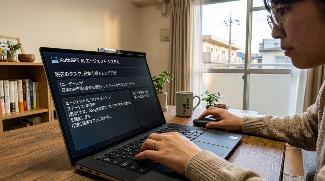 AutoGPTインターフェースを表示するコンピュータ画面と日本人ユーザー