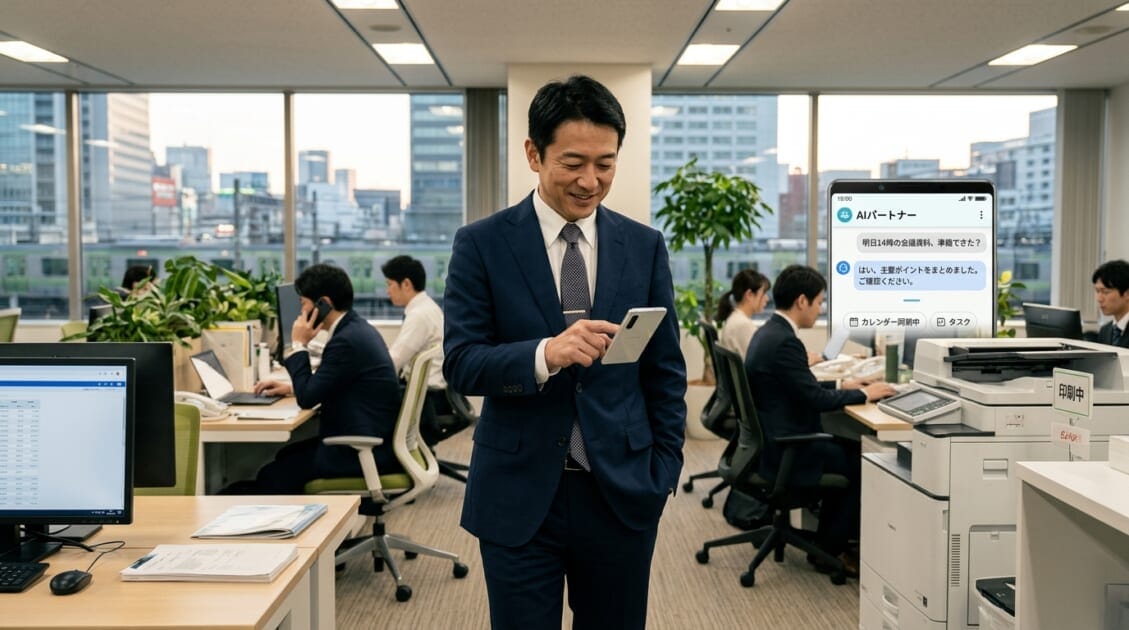 オフィスでスマートフォンを使ってPersonal AIアシスタントを利用する日本人ビジネスマン
