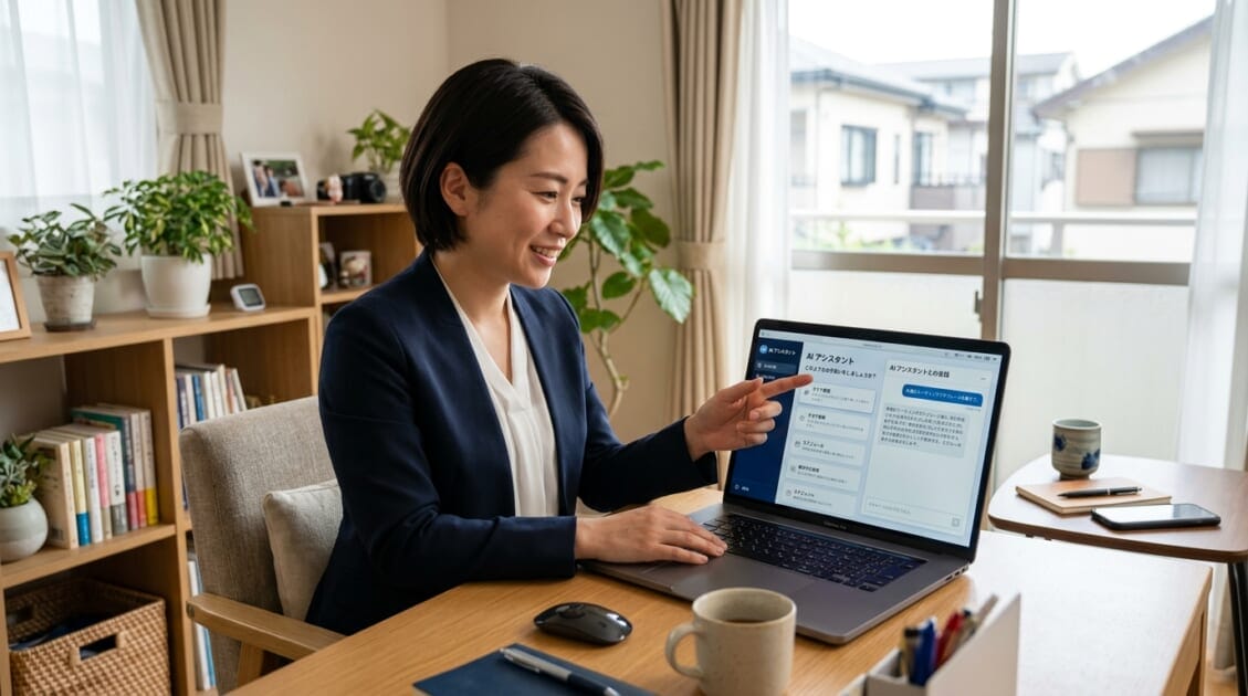 デジタルAIアシスタントと対話する日本人ビジネスウーマン