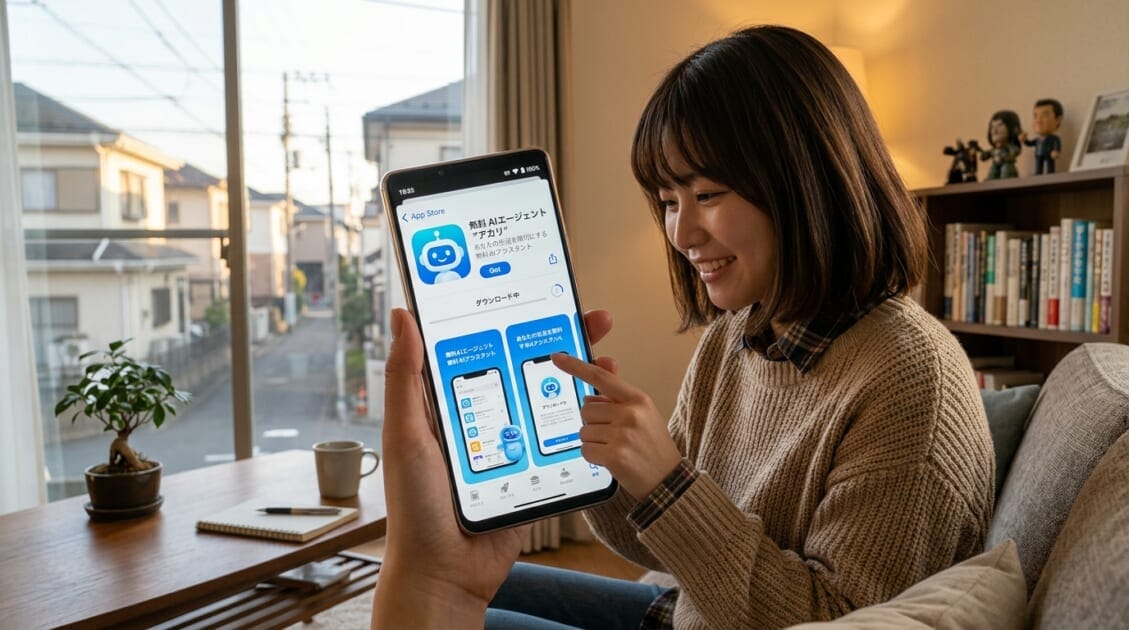 無料のAIエージェントアプリをスマートフォンにダウンロードする日本人女性