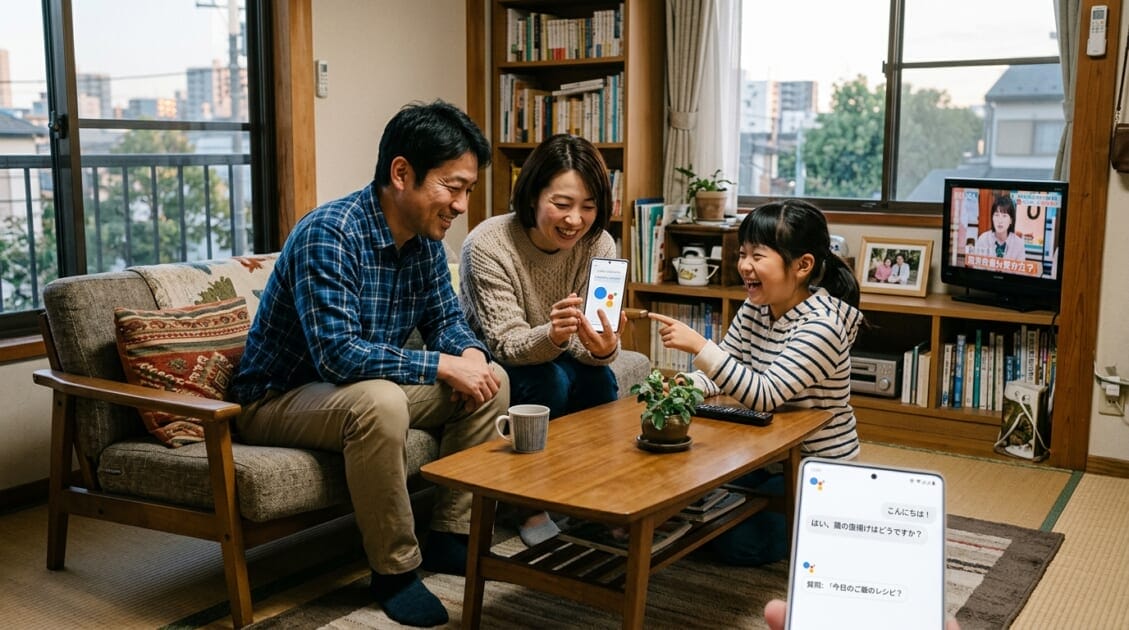 スマートフォンを使ってAIアシスタントとやり取りする日本の家族