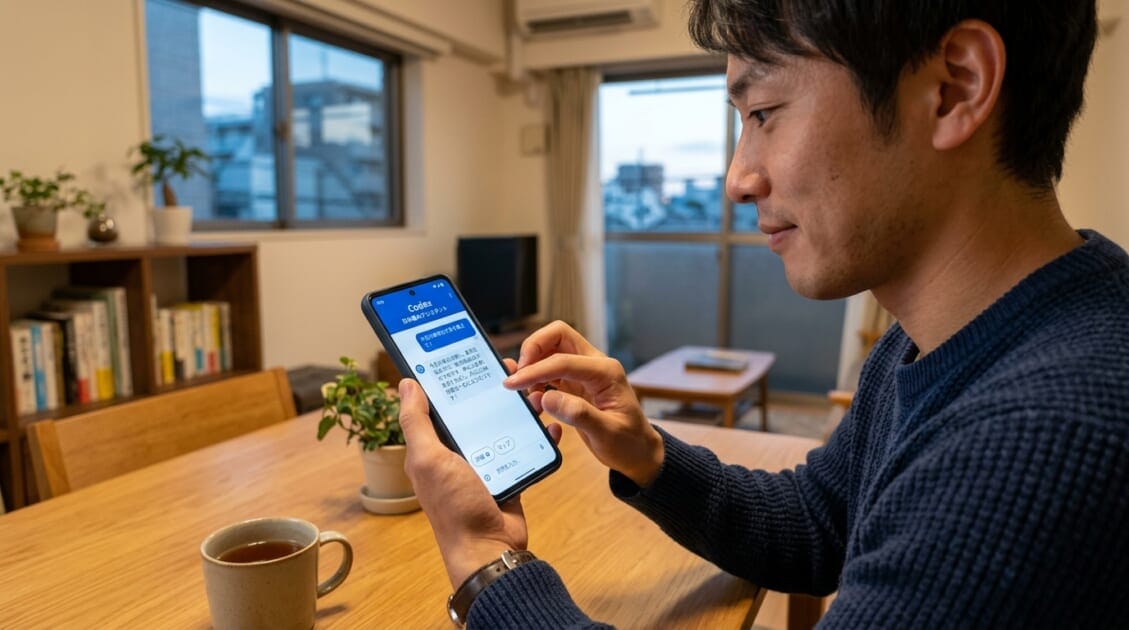 スマートフォンでAIエージェントと対話する日本人