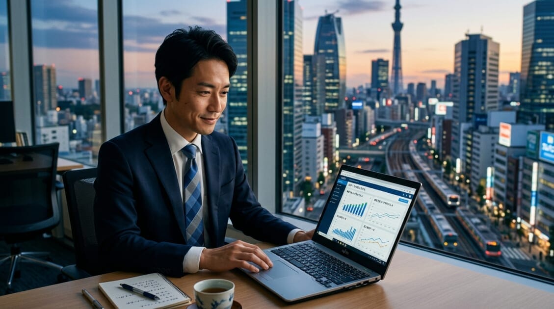 未来的な都市背景をバックに、AIソフトウェアを使う日本のビジネスマン。