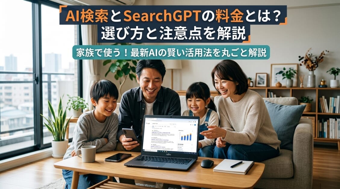 日本の家族がリビングでAI検索を使用している様子