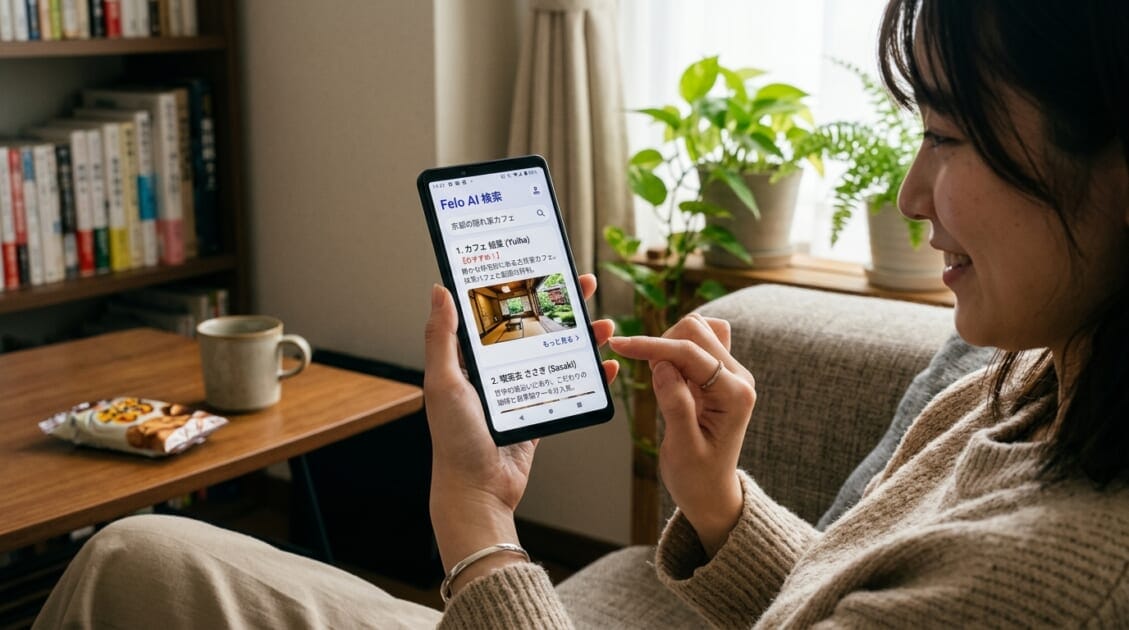 スマートフォンでFeloアプリを使ってAI検索結果を表示している様子