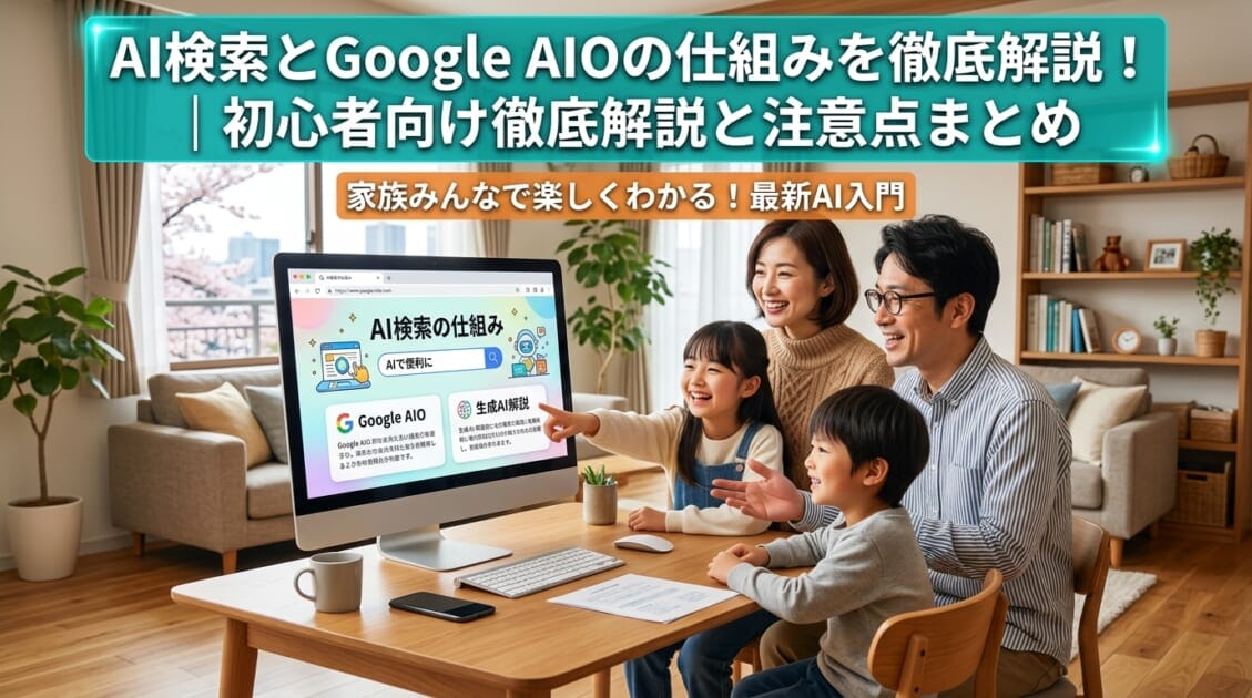 日本の家族がリビングでAI検索技術について話し合っている様子
