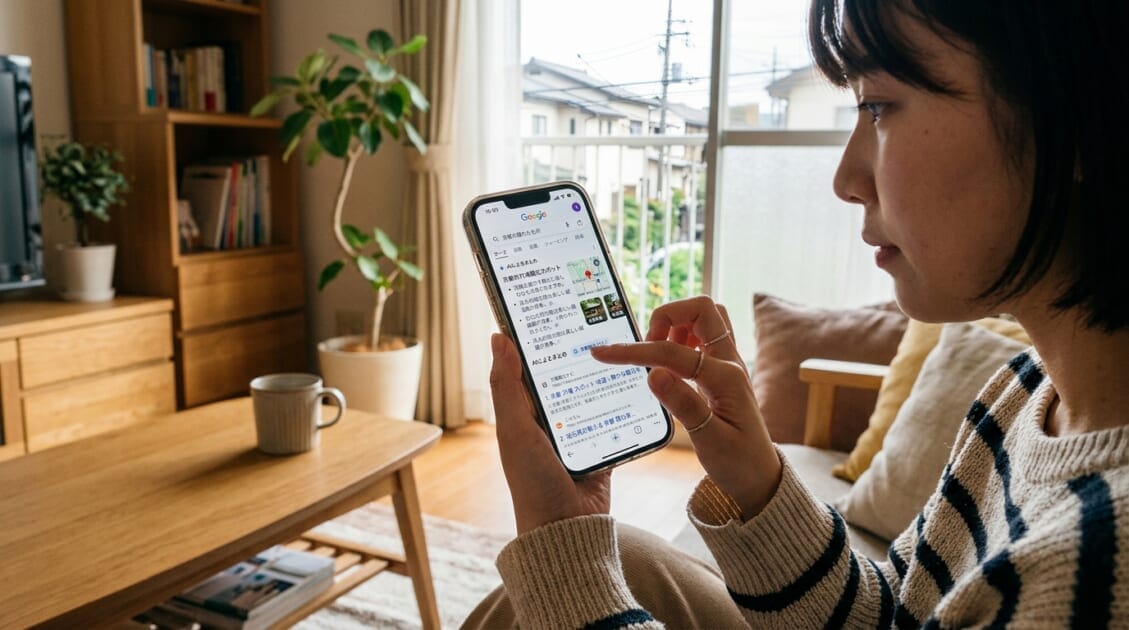 スマートフォンの画面に表示されたGoogle AIOの検索結果を操作する日本のユーザー