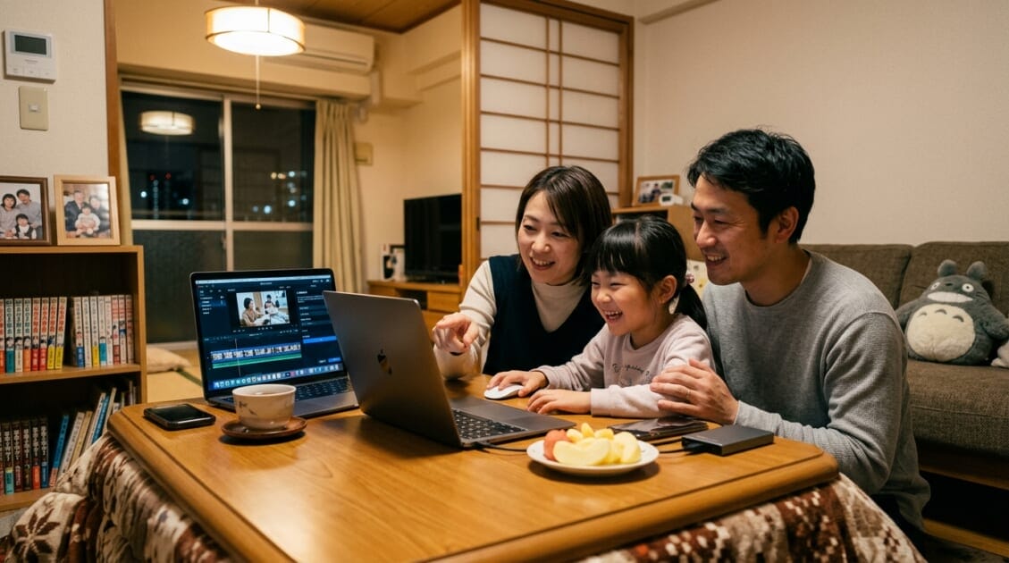 家庭でAIソフトを使って動画を作成する日本の家族