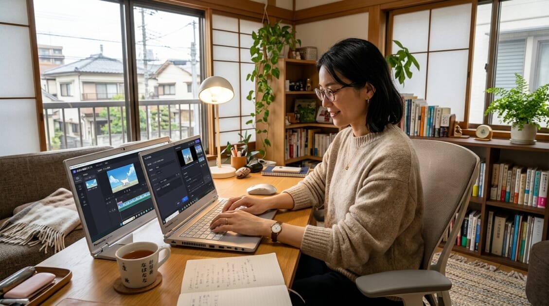 AI動画生成ソフトを使用する日本の女性のホームオフィス